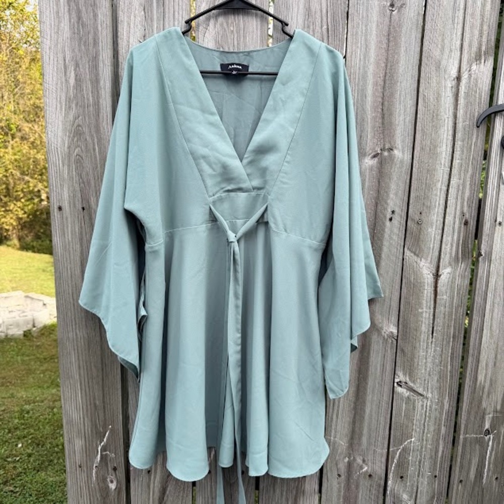 Boho Fairycore Aakaa Kimono Sleeve Mini Dress L Sage Green V-Neck DA25161HV